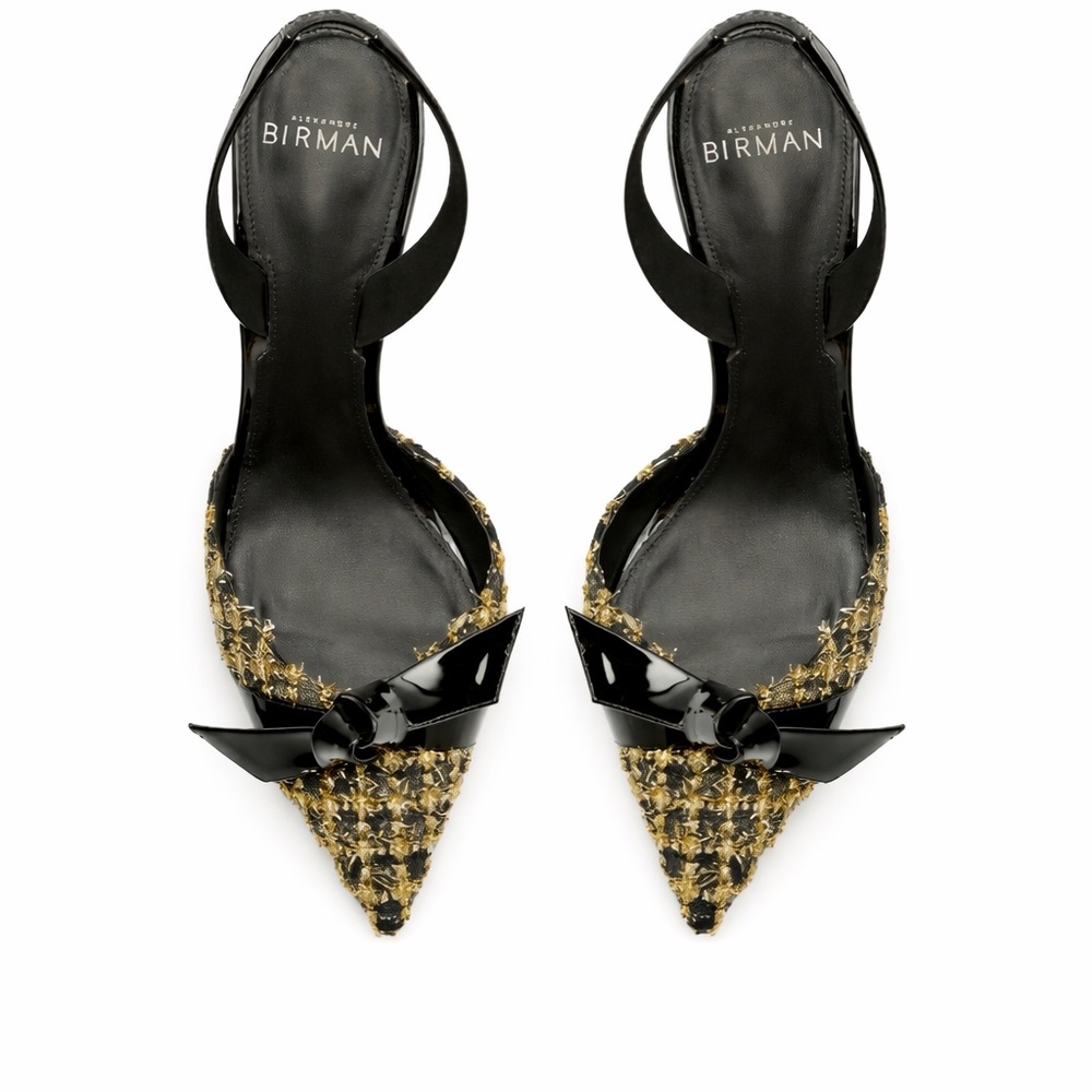 Alexandre Birman Clarita Bell Tweed Slingback Heels Black Gold Bow 39.5